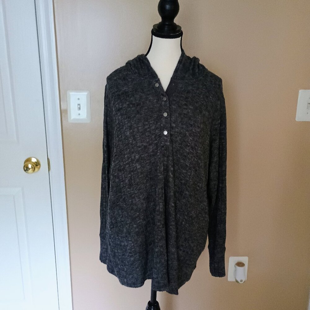 QVC-SUSAN GRAVER DARK GRAY RIBBED HOODIE W/POCKETS-1X-HALF BUTTON UP NECK-SOFT